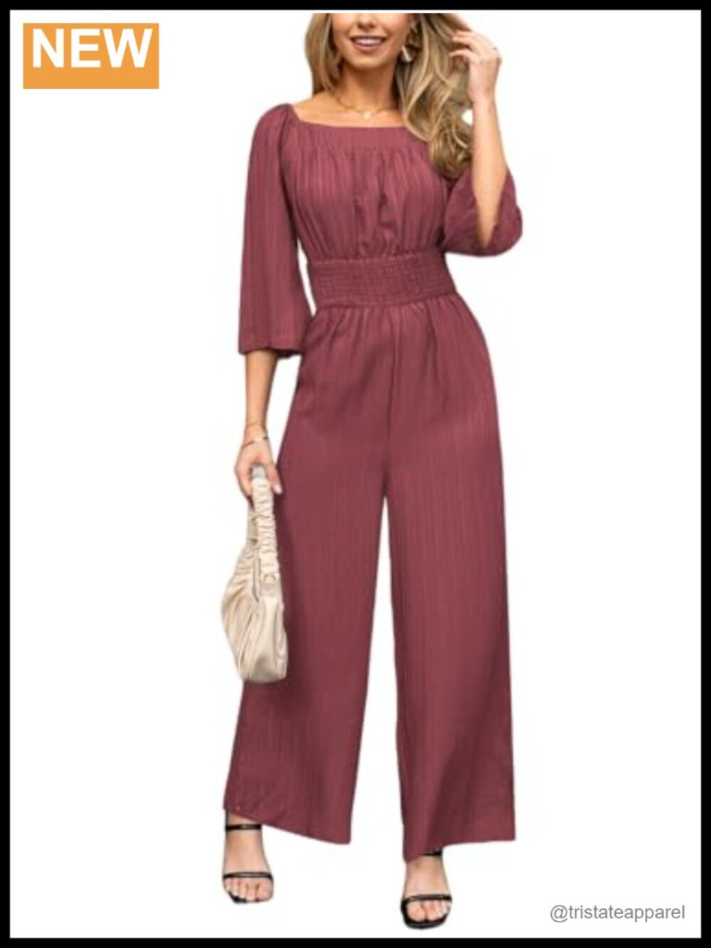 Women's One Piece Jumpsuit 3/4 Sleeve Square Neck Wide Leg Ankle Length